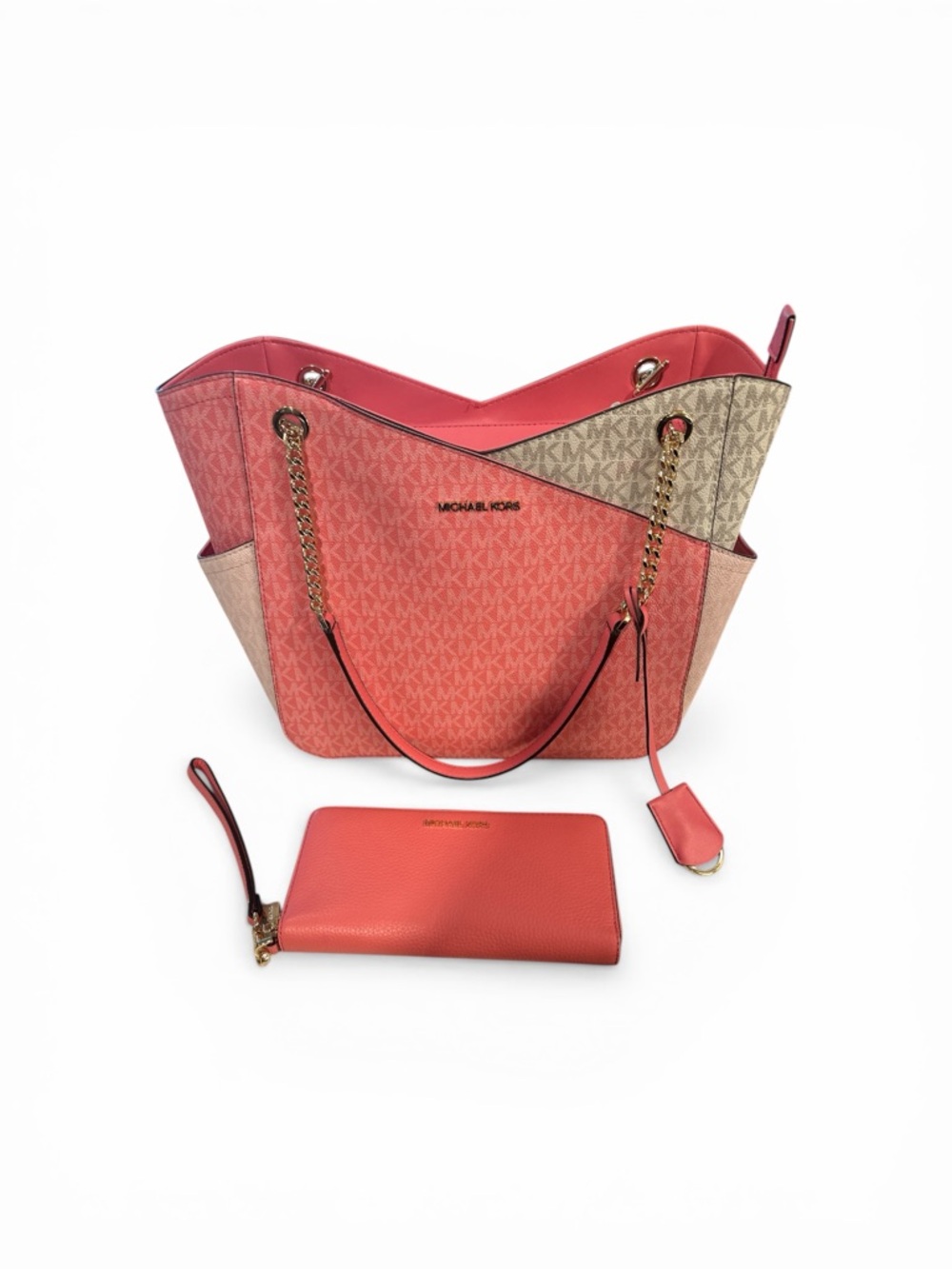 Michael Kors Coral and Beige Logo Tote with Matching Coral Wallet